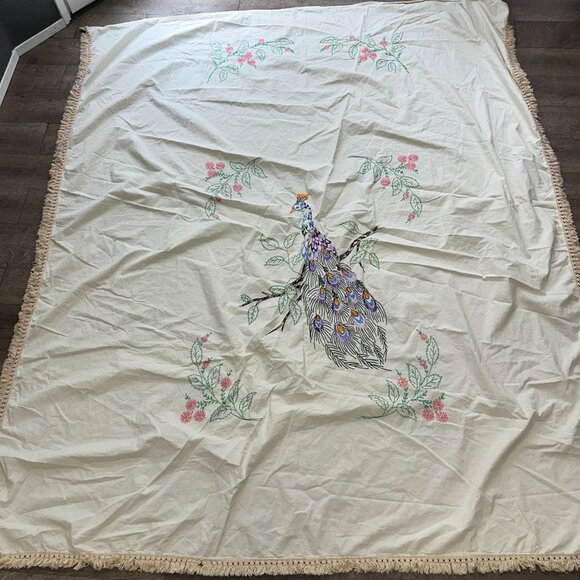 Vtg 60s Peacock Embroidered Bed Topper Fringe Coverlet White Floral 84x72